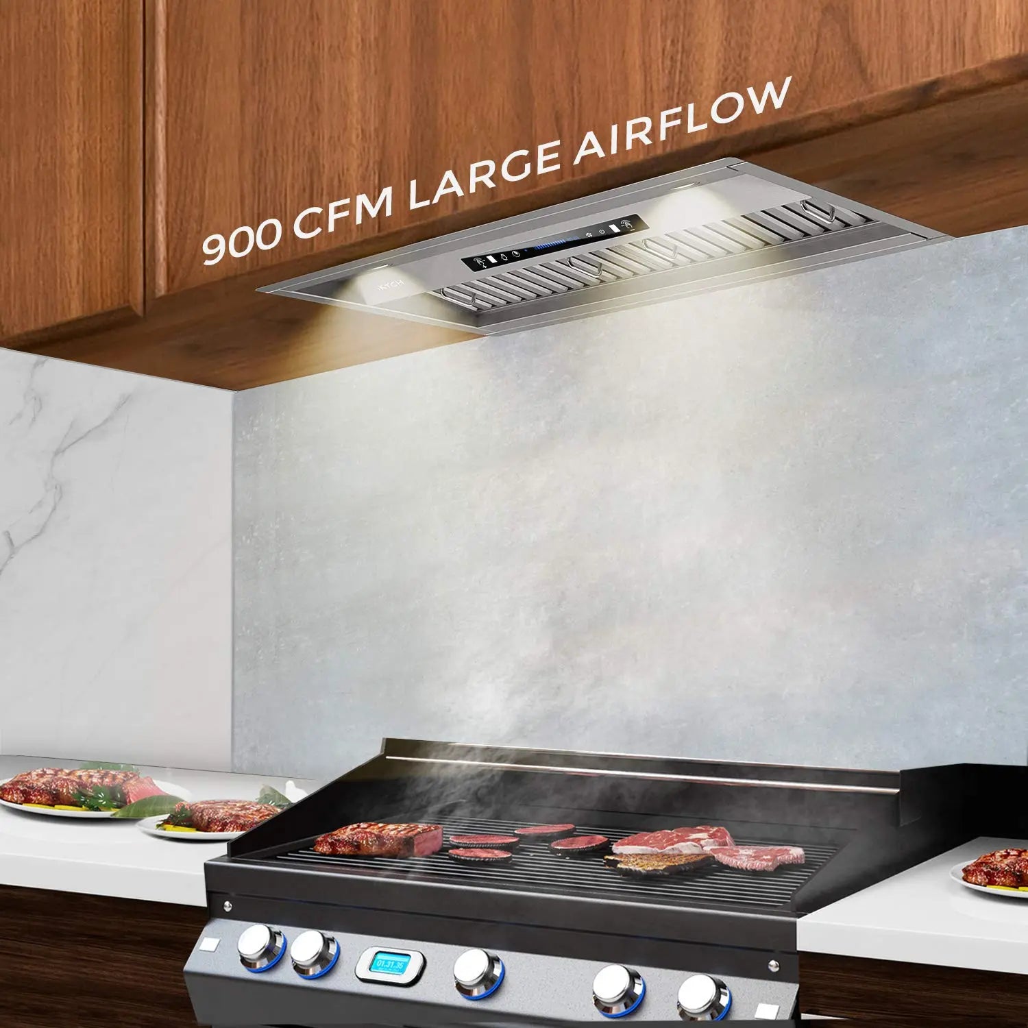 IKTCH 30 Inches 900 CFM Ducted Island Range Hood in Stainless Steel with  Baffle